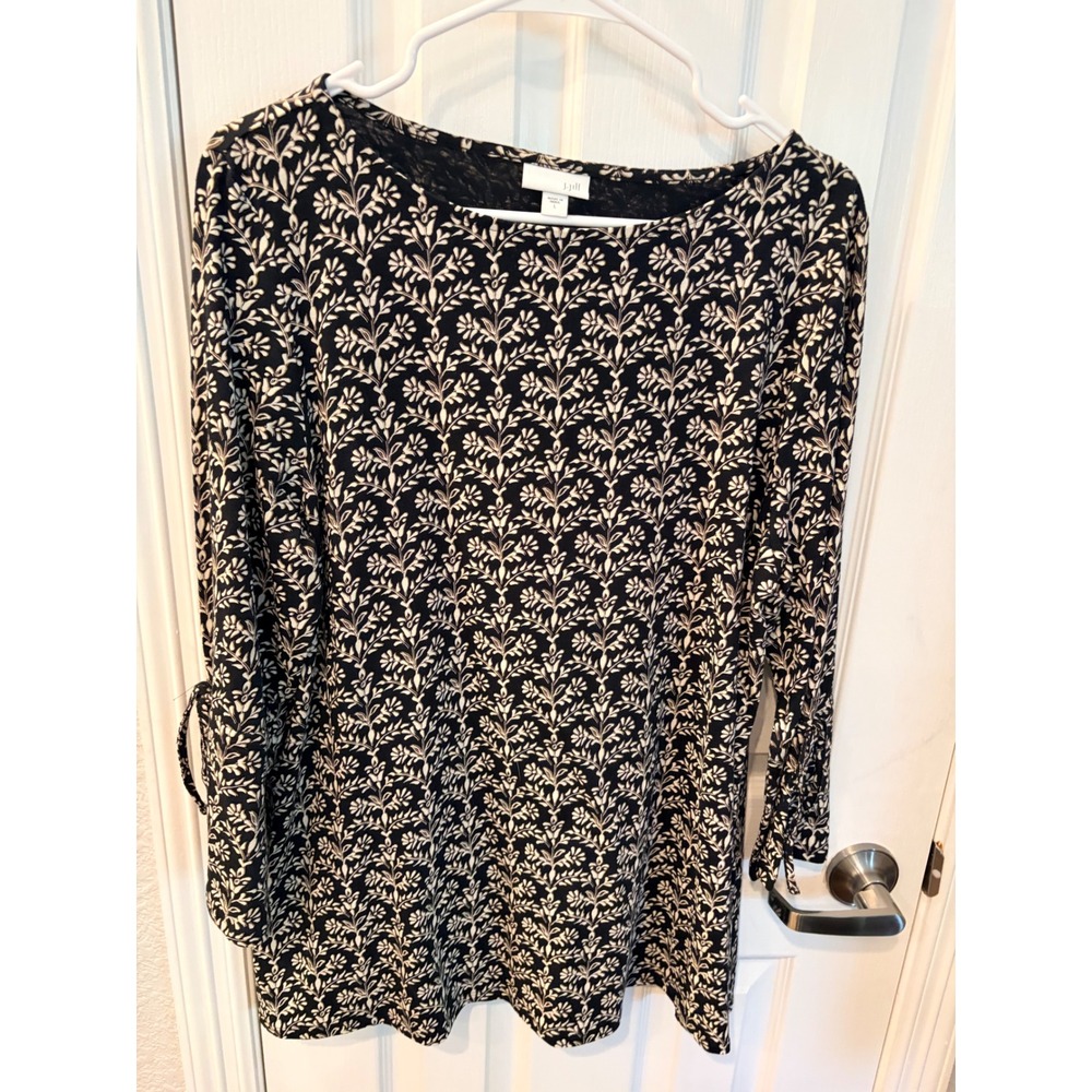 J. Jill Tunic Top Black White Floral Damask Long Sleeve Cotton Modal Knit L